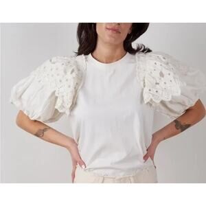 Sea New York Hazel Eyelet Short Puff Sleeve Tee Shirt Top White Large
